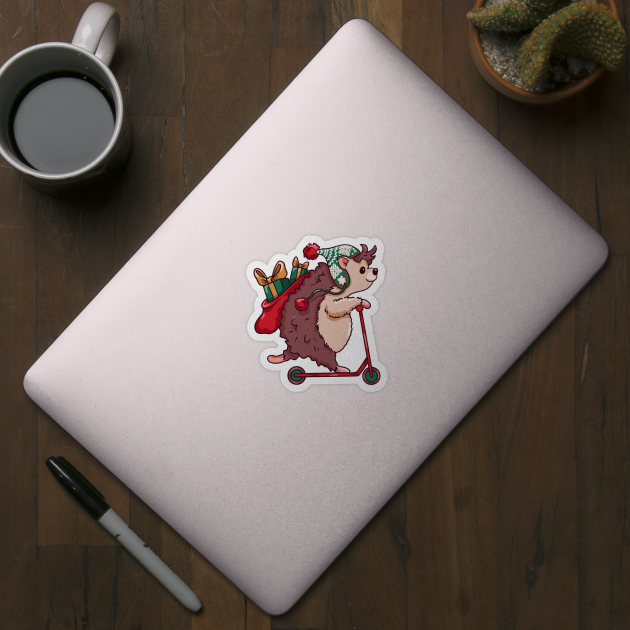 Cute Cartoon Christmas Hedgehog on Scooter by SLAG_Creative